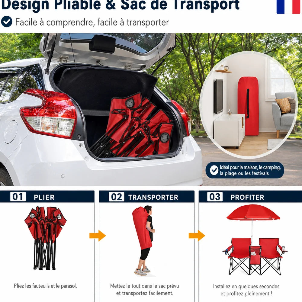 Chaise de camping double pliante avec parasol pour plage Jolinova™