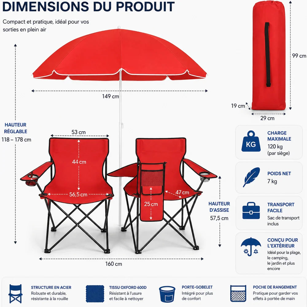Chaise de camping double pliante avec parasol pour plage Jolinova™