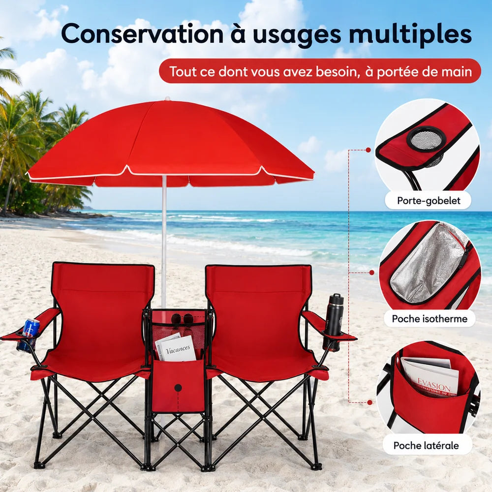 Chaise de camping double pliante avec parasol pour plage Jolinova™