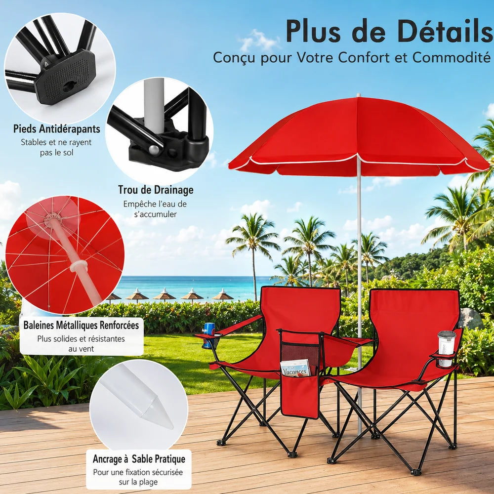 Chaise de camping double pliante avec parasol pour plage Jolinova™