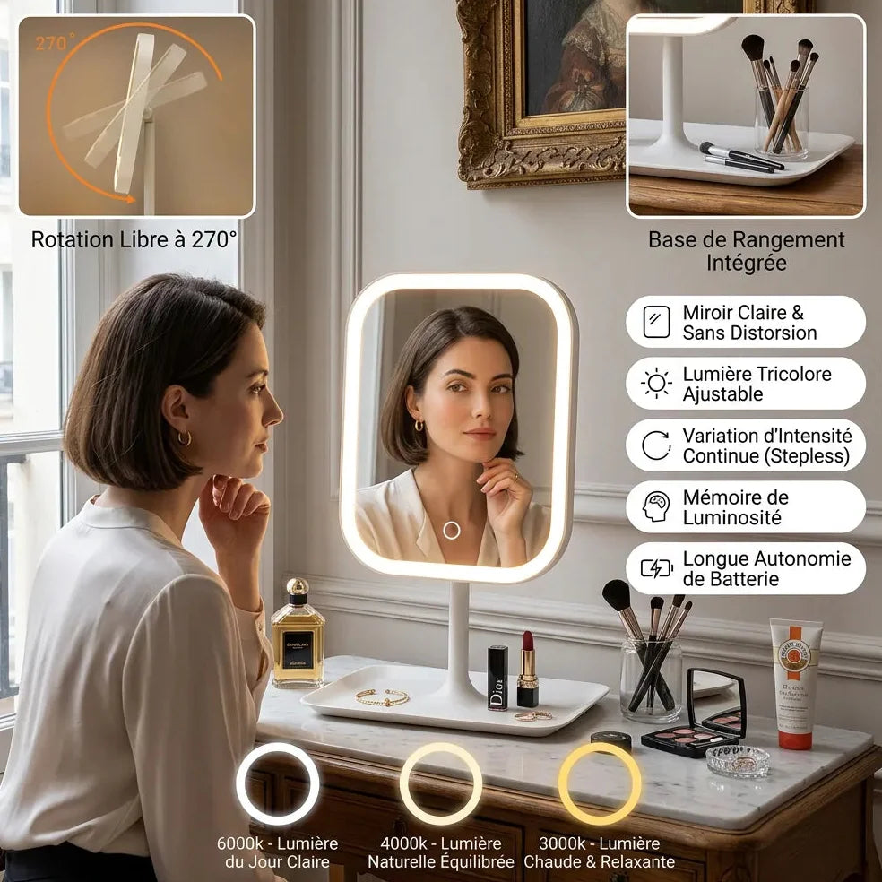 Miroir LED coiffeuse tactile rechargeable 3 couleurs Jolinova™
